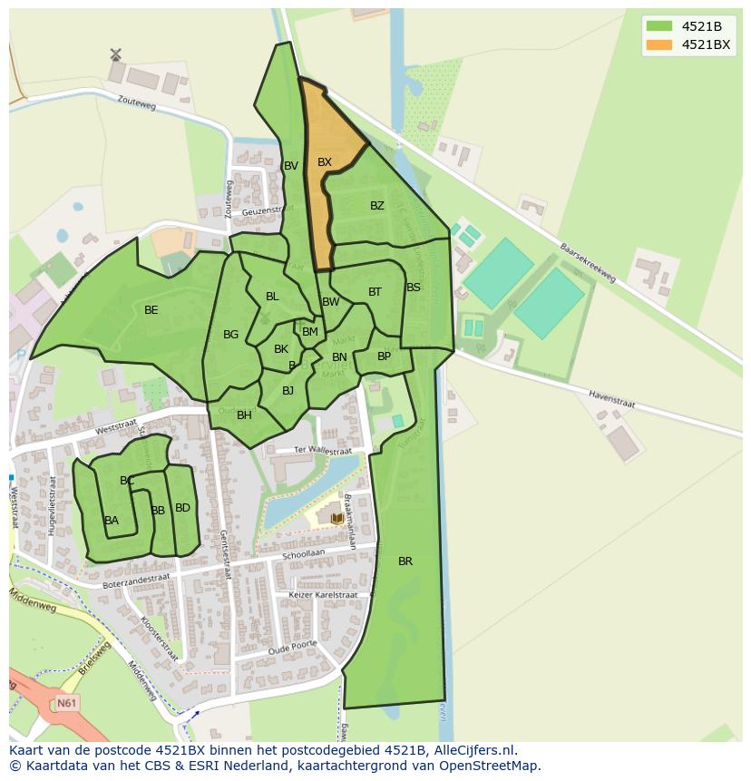 Afbeelding van het postcodegebied 4521 BX op de kaart.
