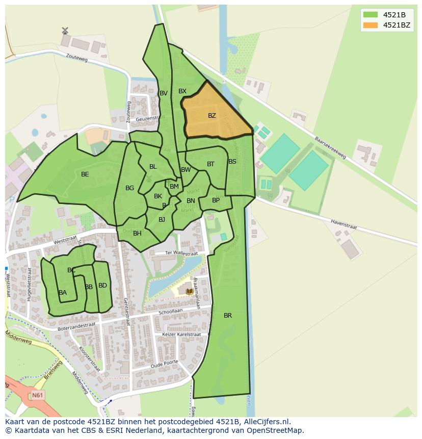 Afbeelding van het postcodegebied 4521 BZ op de kaart.