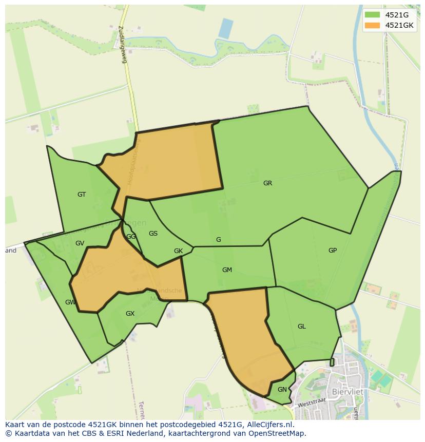 Afbeelding van het postcodegebied 4521 GK op de kaart.