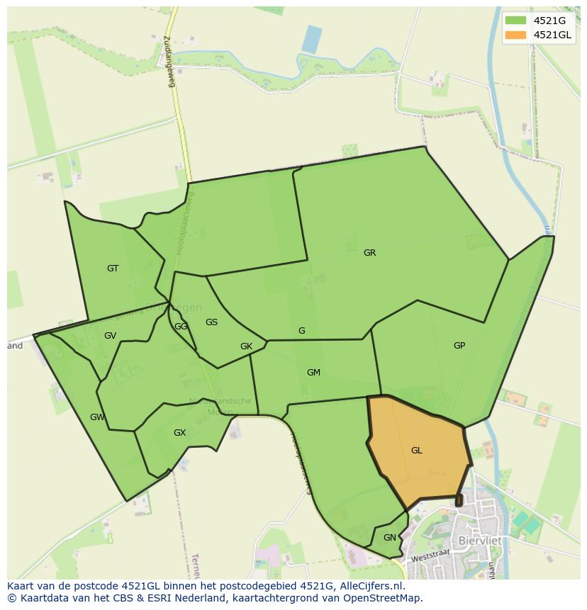 Afbeelding van het postcodegebied 4521 GL op de kaart.