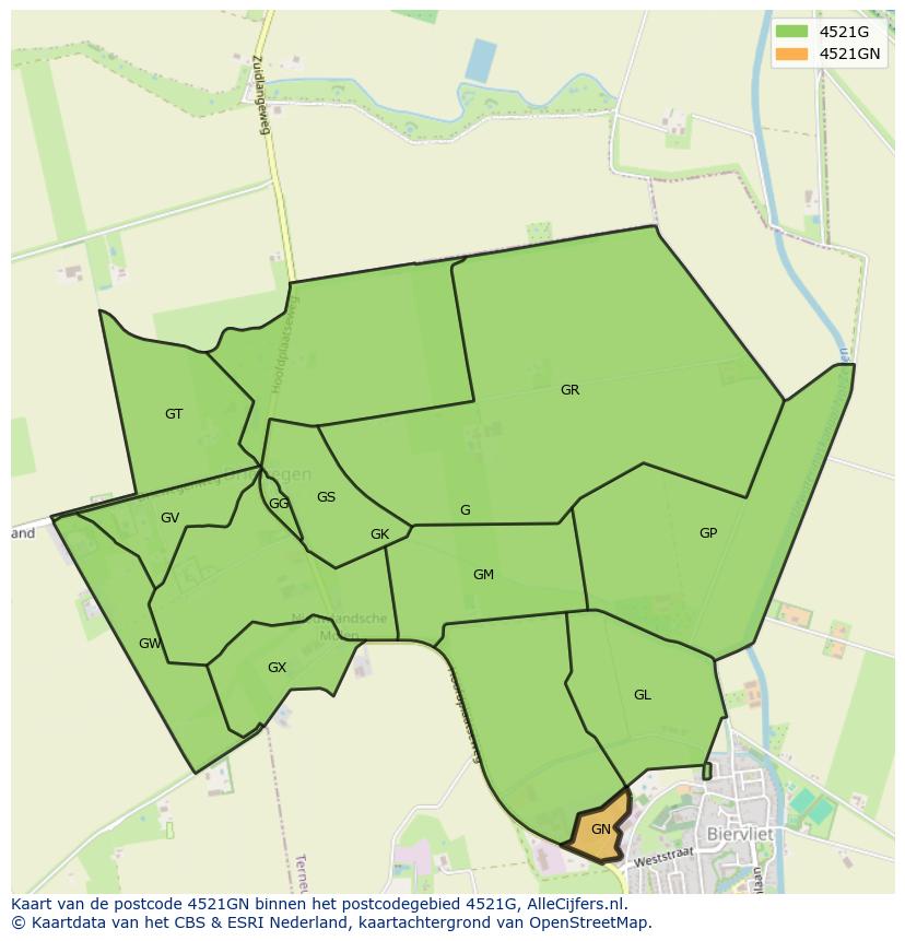 Afbeelding van het postcodegebied 4521 GN op de kaart.