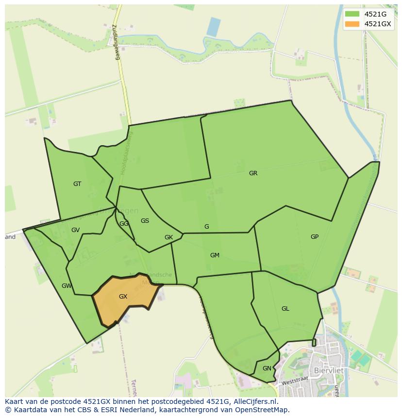 Afbeelding van het postcodegebied 4521 GX op de kaart.