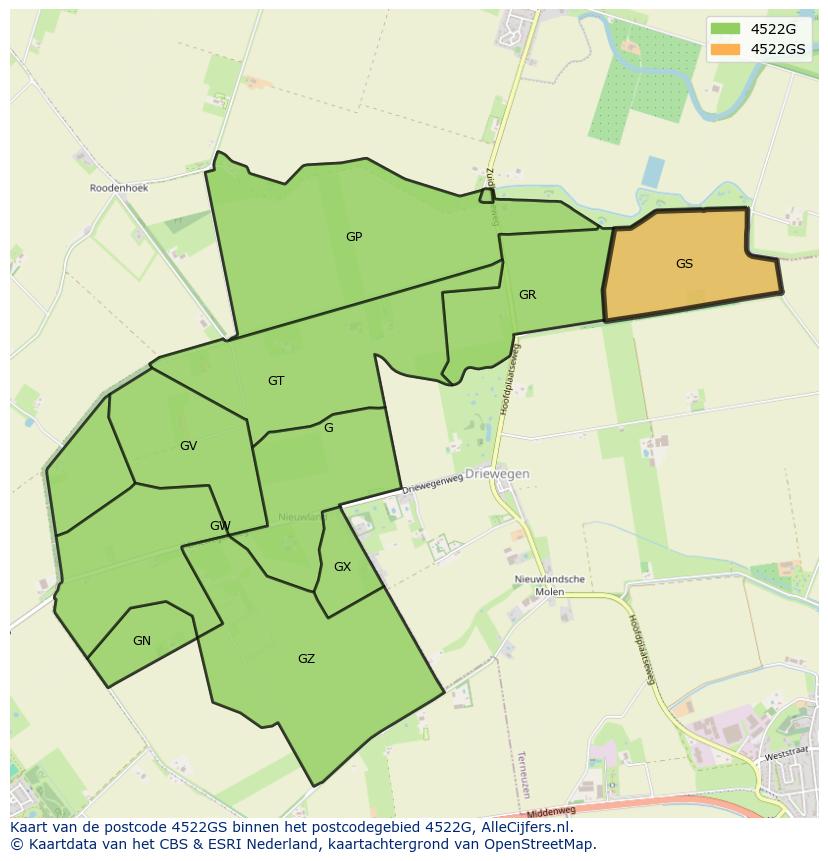 Afbeelding van het postcodegebied 4522 GS op de kaart.