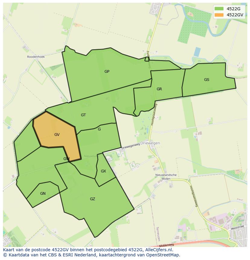 Afbeelding van het postcodegebied 4522 GV op de kaart.
