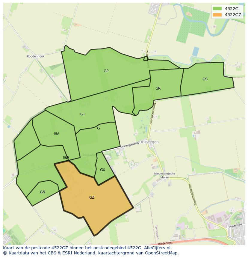 Afbeelding van het postcodegebied 4522 GZ op de kaart.