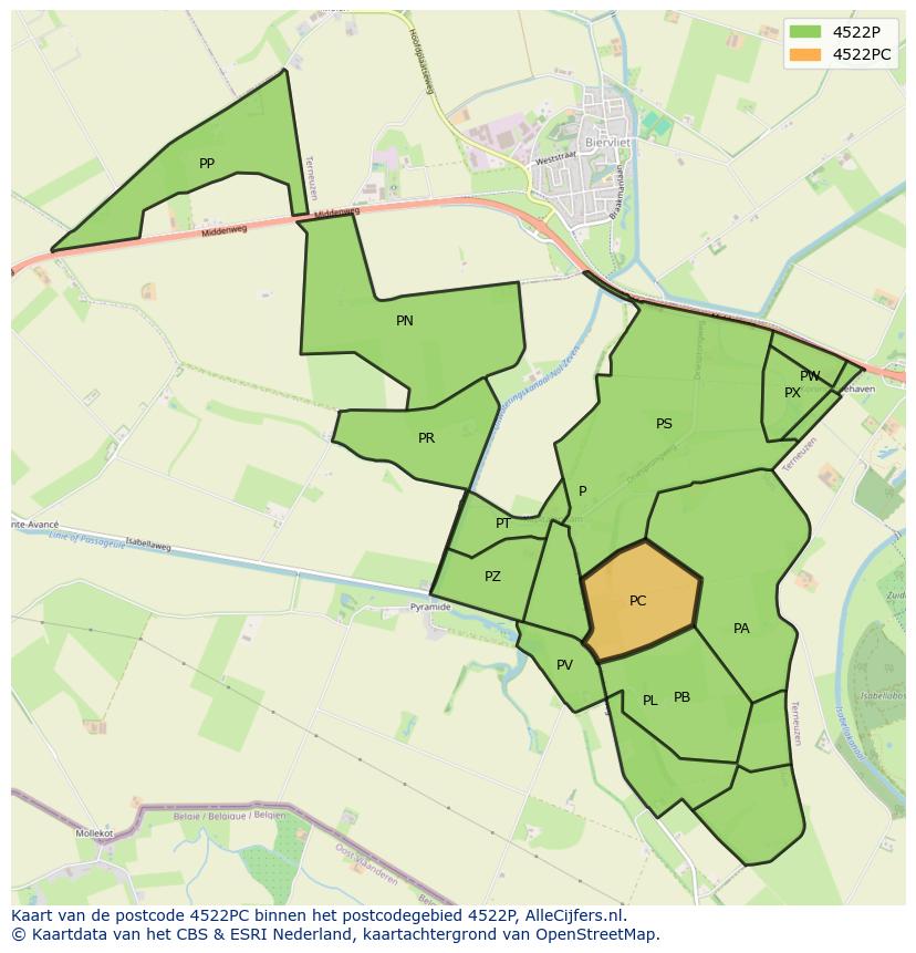 Afbeelding van het postcodegebied 4522 PC op de kaart.