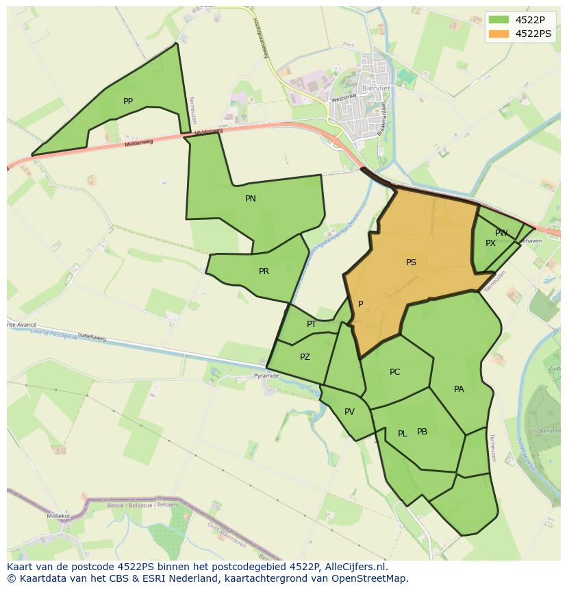 Afbeelding van het postcodegebied 4522 PS op de kaart.