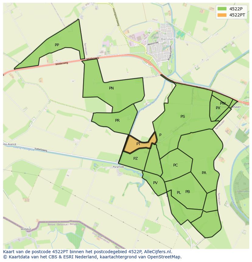 Afbeelding van het postcodegebied 4522 PT op de kaart.