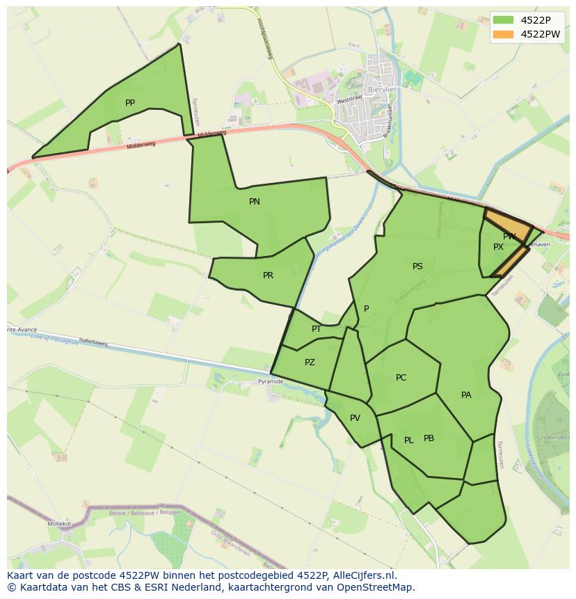 Afbeelding van het postcodegebied 4522 PW op de kaart.