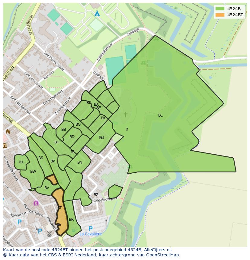 Afbeelding van het postcodegebied 4524 BT op de kaart.
