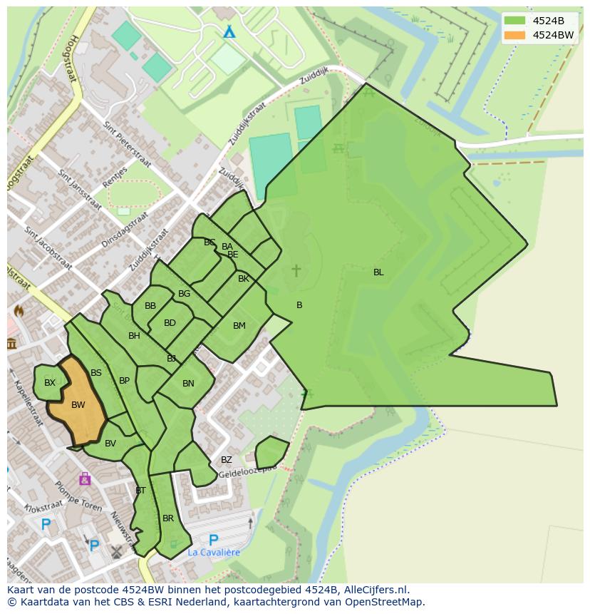 Afbeelding van het postcodegebied 4524 BW op de kaart.
