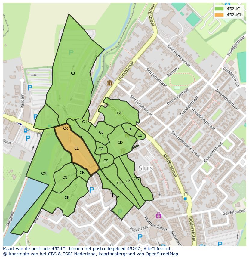 Afbeelding van het postcodegebied 4524 CL op de kaart.