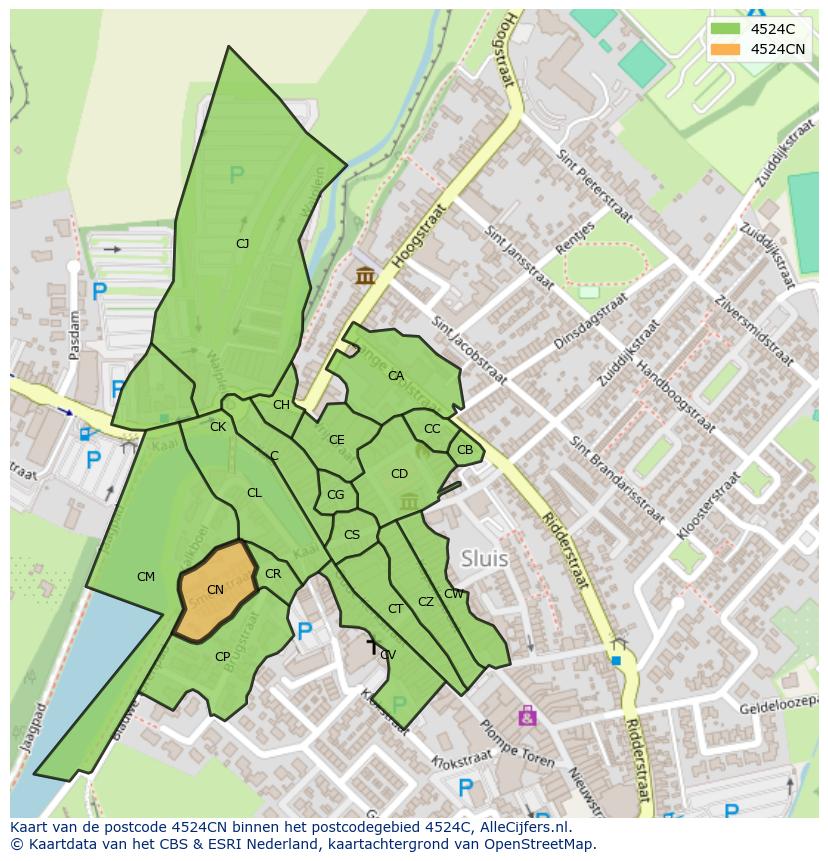 Afbeelding van het postcodegebied 4524 CN op de kaart.
