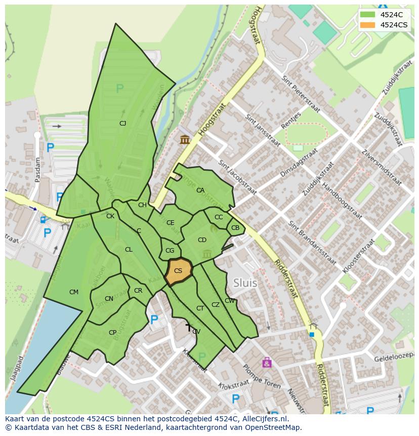 Afbeelding van het postcodegebied 4524 CS op de kaart.