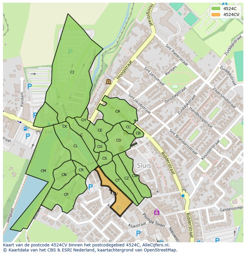 Afbeelding van het postcodegebied 4524 CV op de kaart.