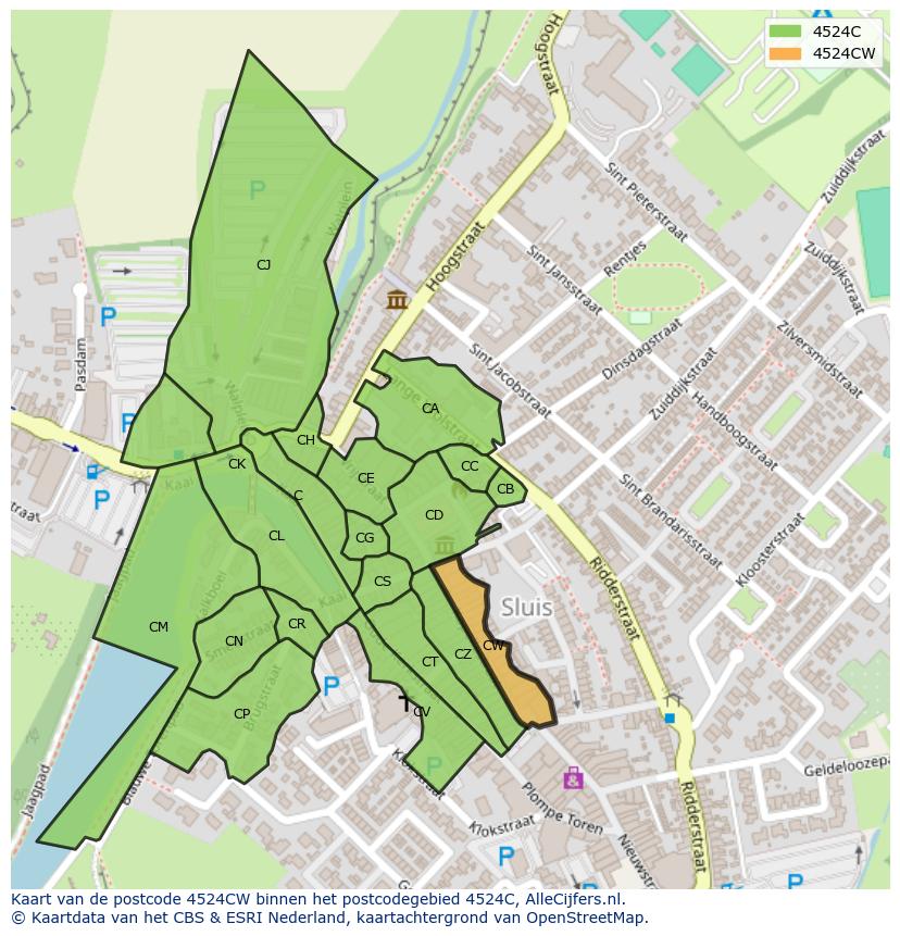Afbeelding van het postcodegebied 4524 CW op de kaart.