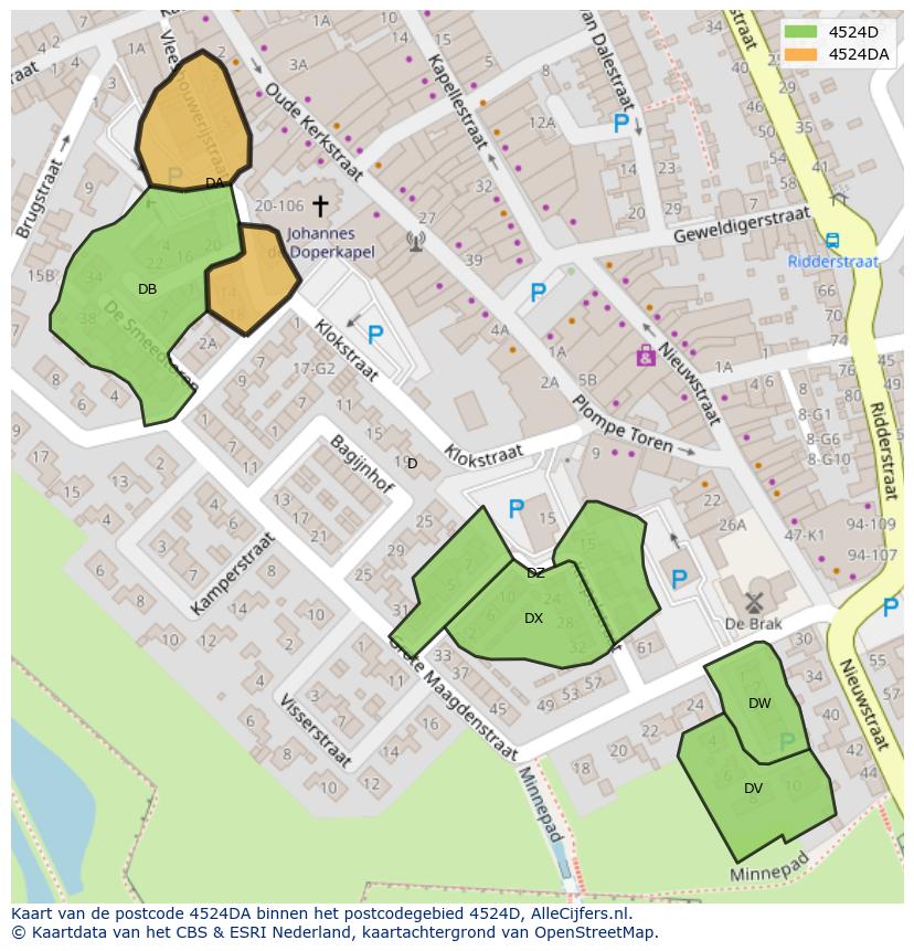 Afbeelding van het postcodegebied 4524 DA op de kaart.