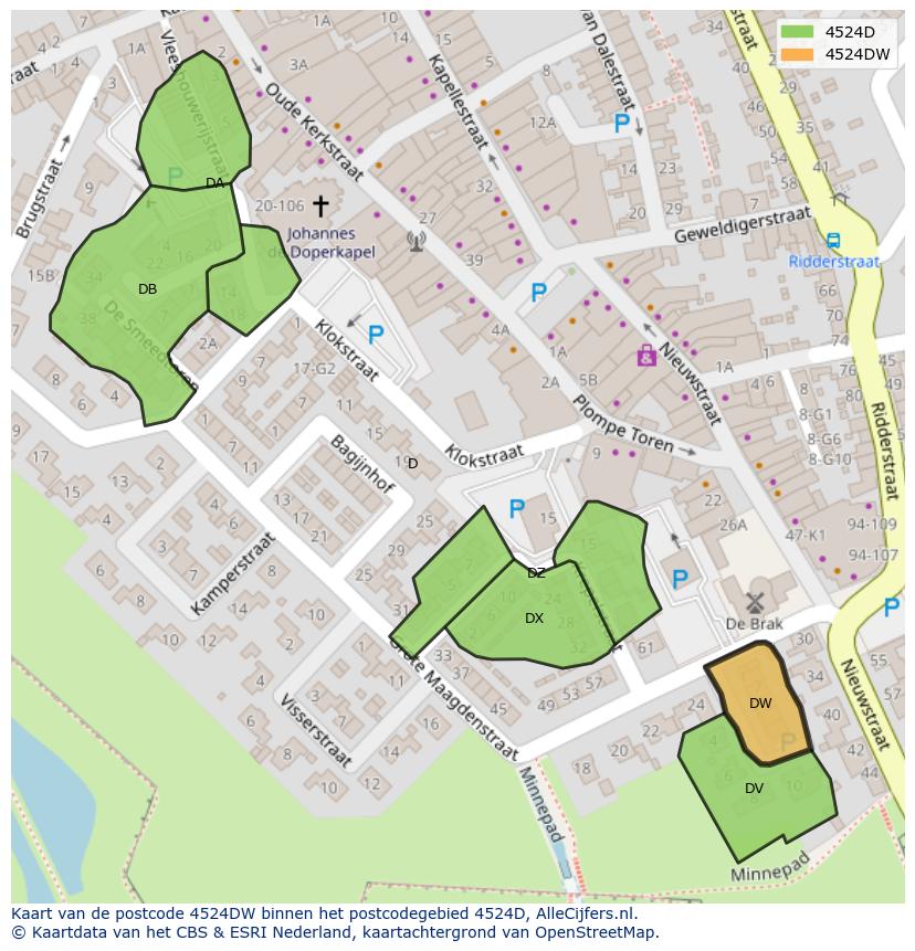 Afbeelding van het postcodegebied 4524 DW op de kaart.