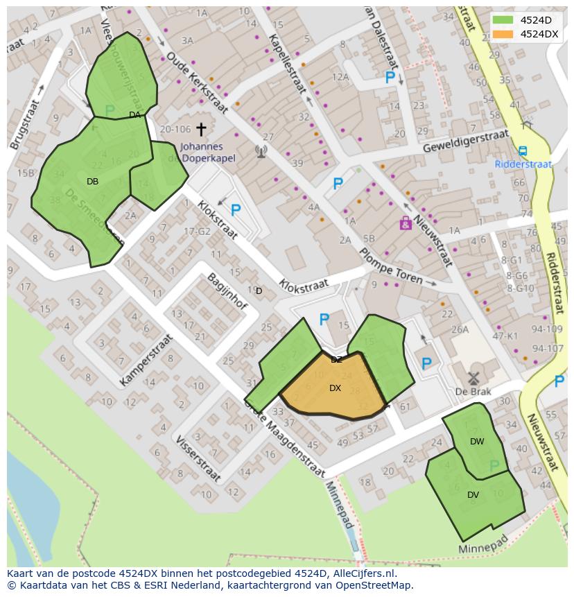Afbeelding van het postcodegebied 4524 DX op de kaart.