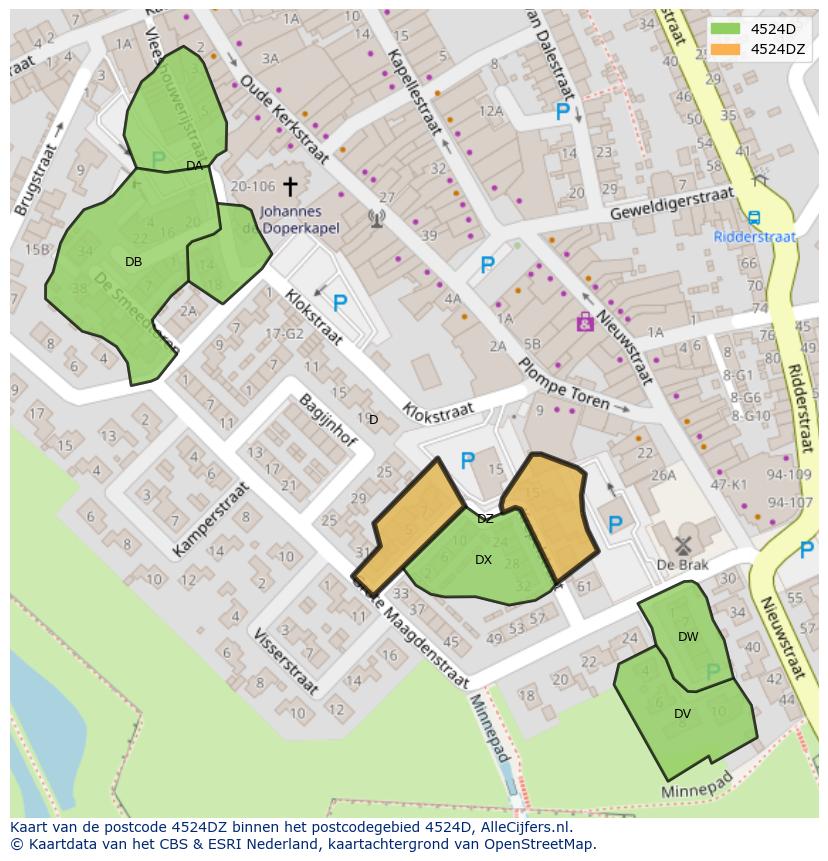 Afbeelding van het postcodegebied 4524 DZ op de kaart.
