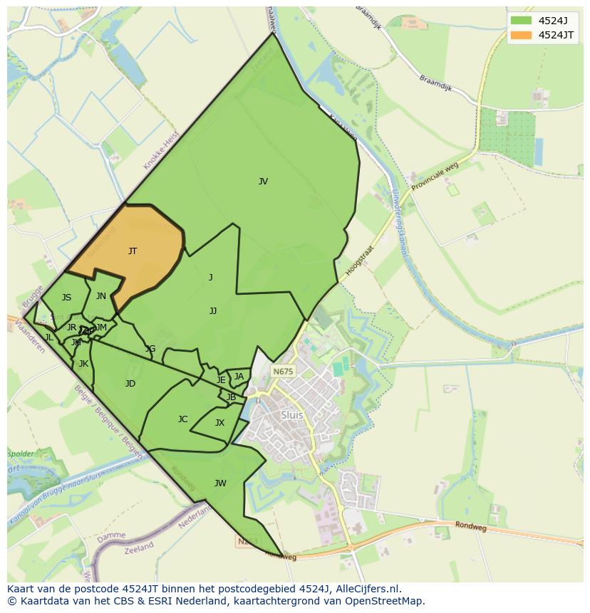 Afbeelding van het postcodegebied 4524 JT op de kaart.