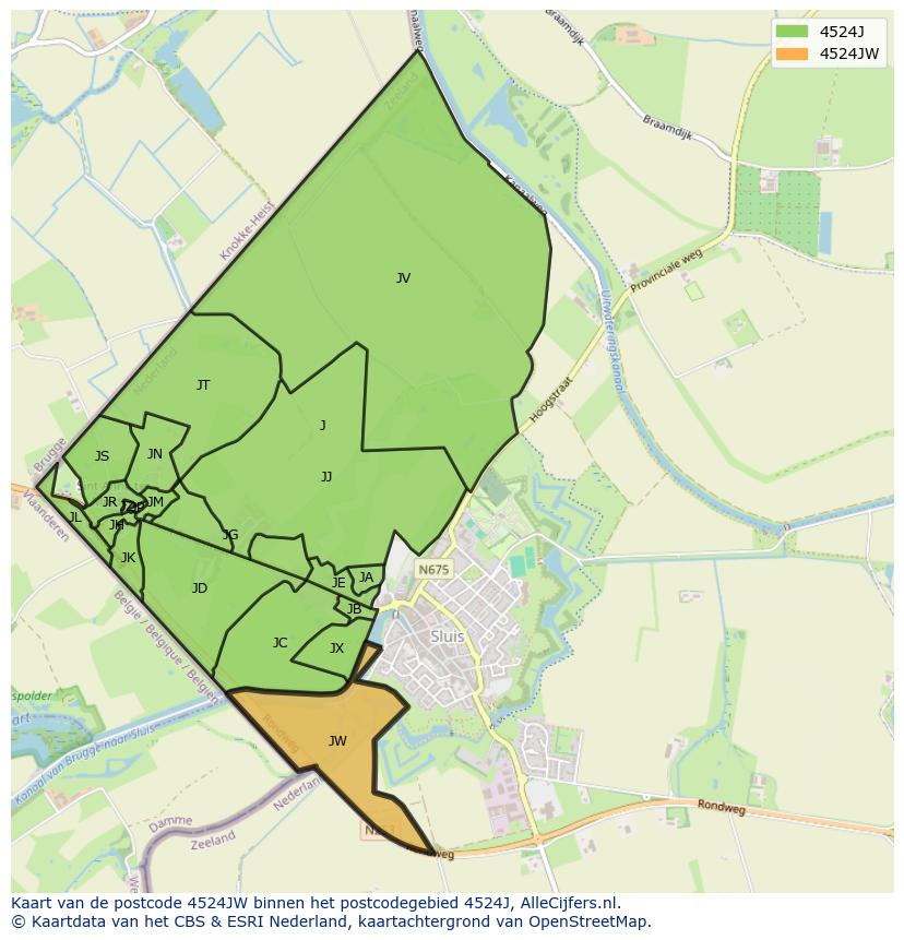 Afbeelding van het postcodegebied 4524 JW op de kaart.