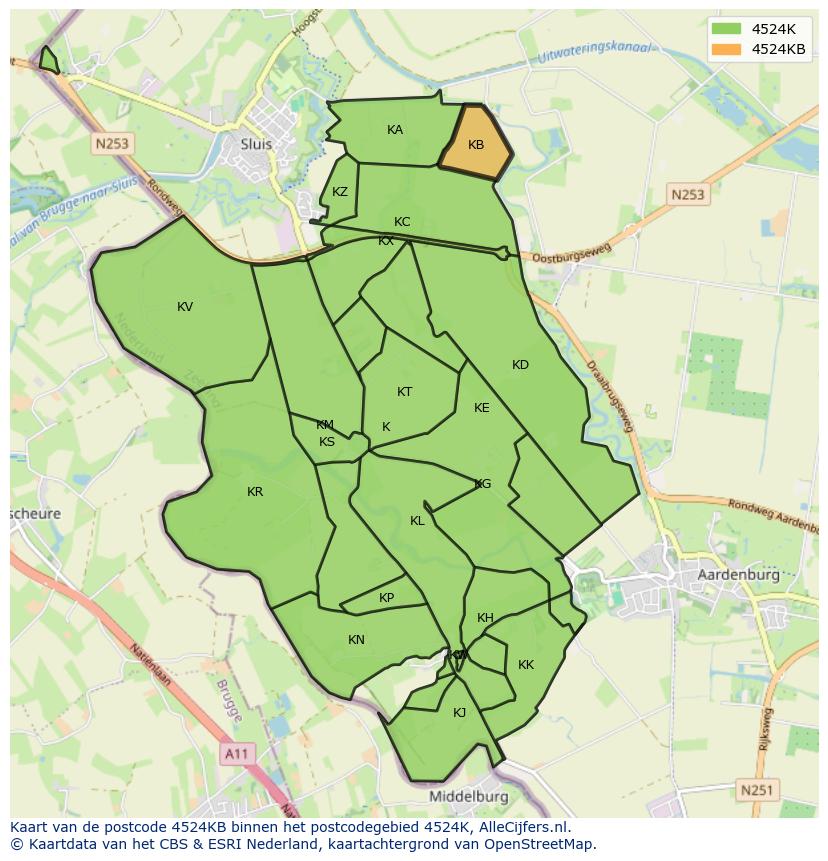 Afbeelding van het postcodegebied 4524 KB op de kaart.