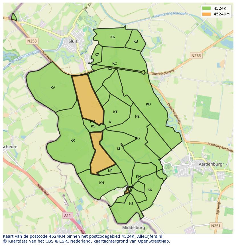 Afbeelding van het postcodegebied 4524 KM op de kaart.