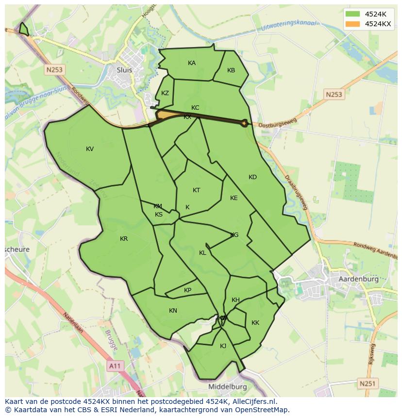 Afbeelding van het postcodegebied 4524 KX op de kaart.