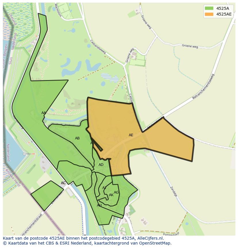 Afbeelding van het postcodegebied 4525 AE op de kaart.