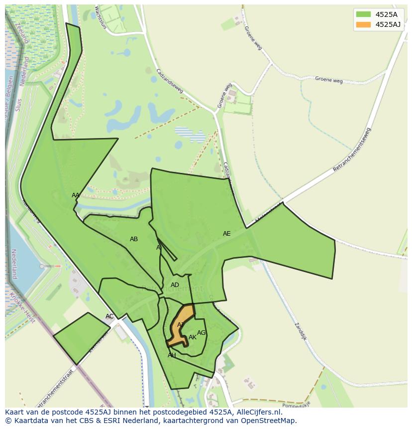 Afbeelding van het postcodegebied 4525 AJ op de kaart.