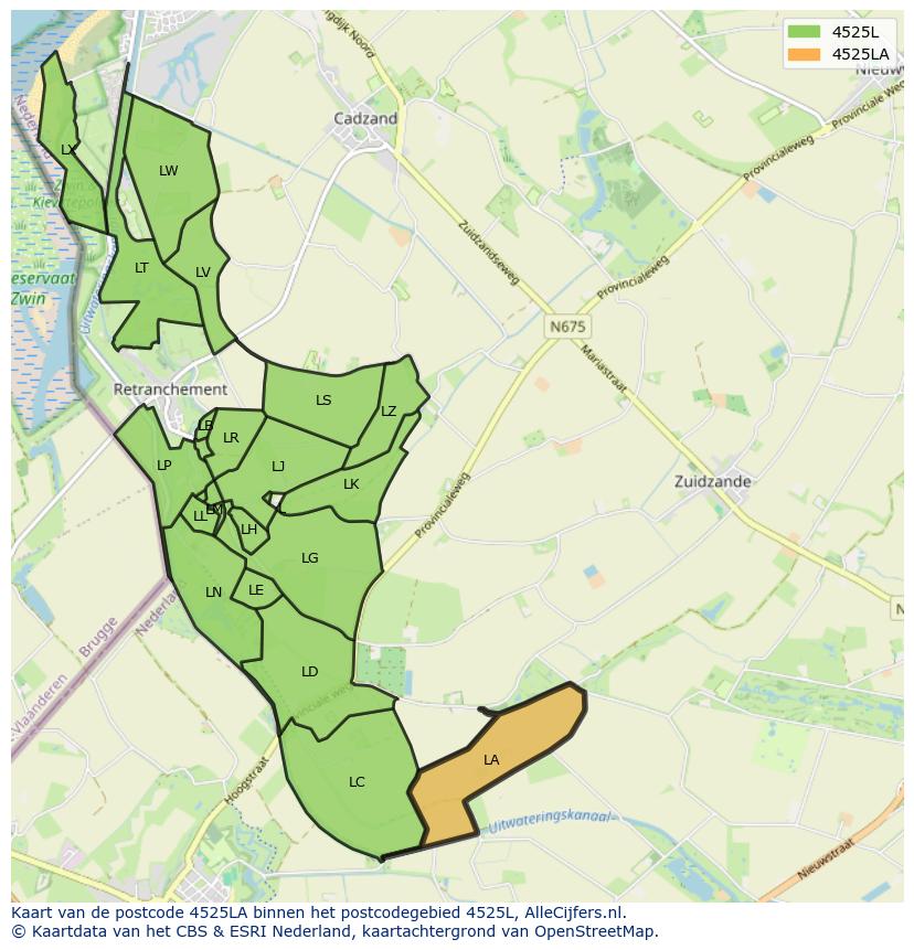 Afbeelding van het postcodegebied 4525 LA op de kaart.