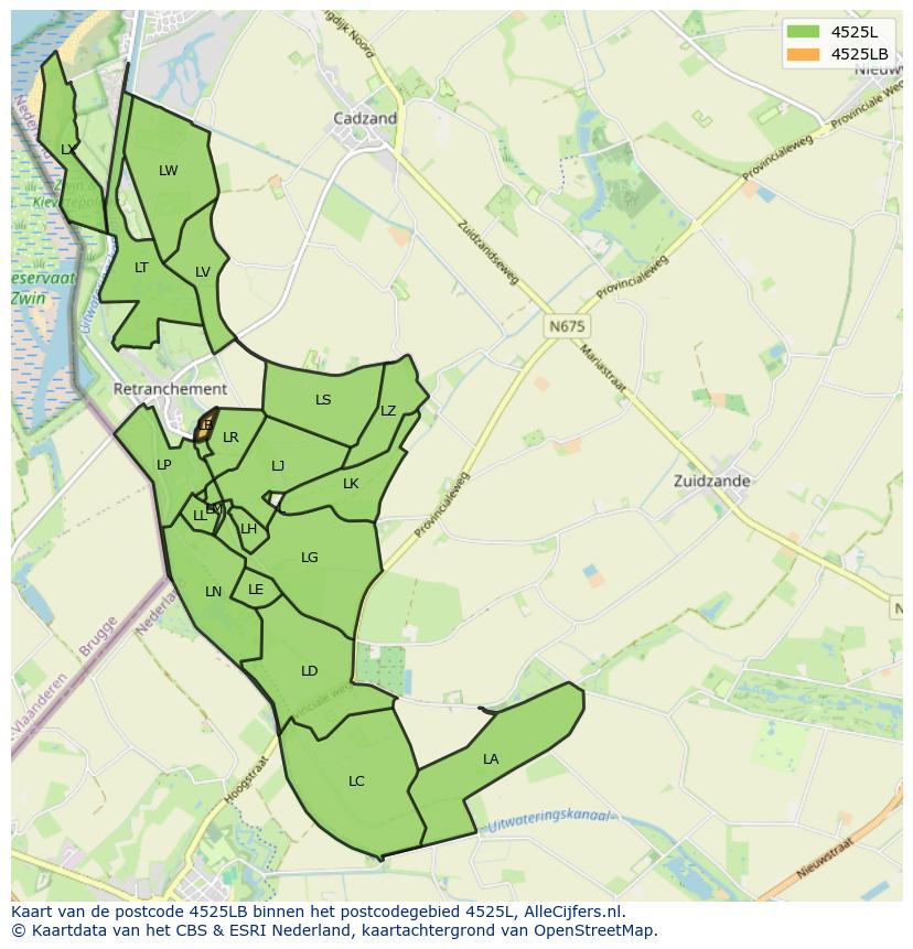 Afbeelding van het postcodegebied 4525 LB op de kaart.