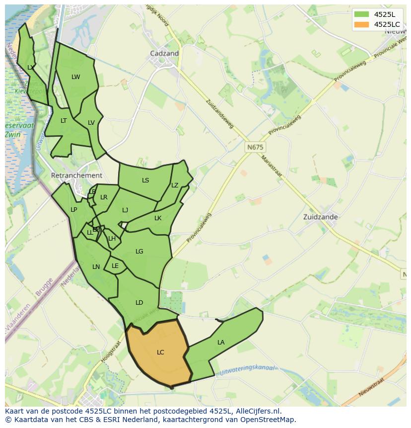 Afbeelding van het postcodegebied 4525 LC op de kaart.