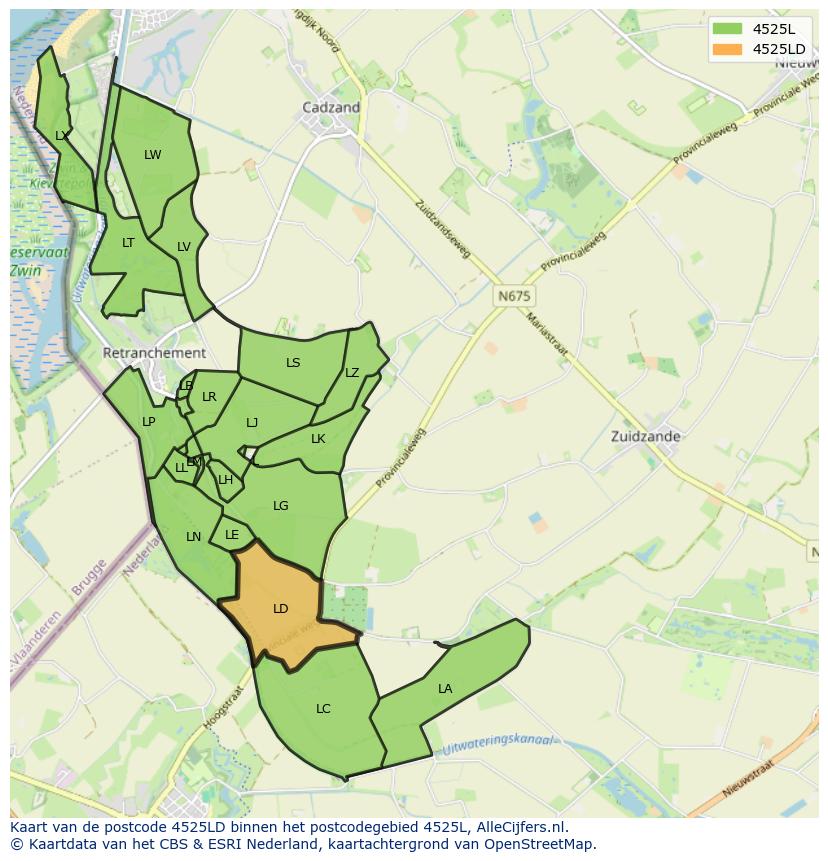 Afbeelding van het postcodegebied 4525 LD op de kaart.