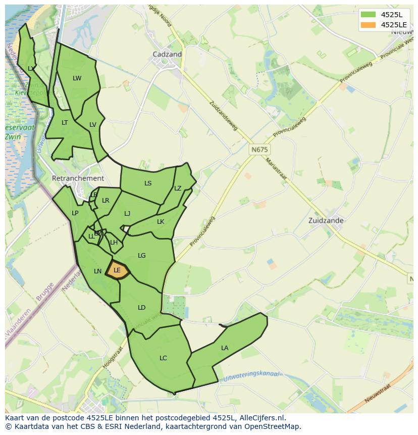 Afbeelding van het postcodegebied 4525 LE op de kaart.
