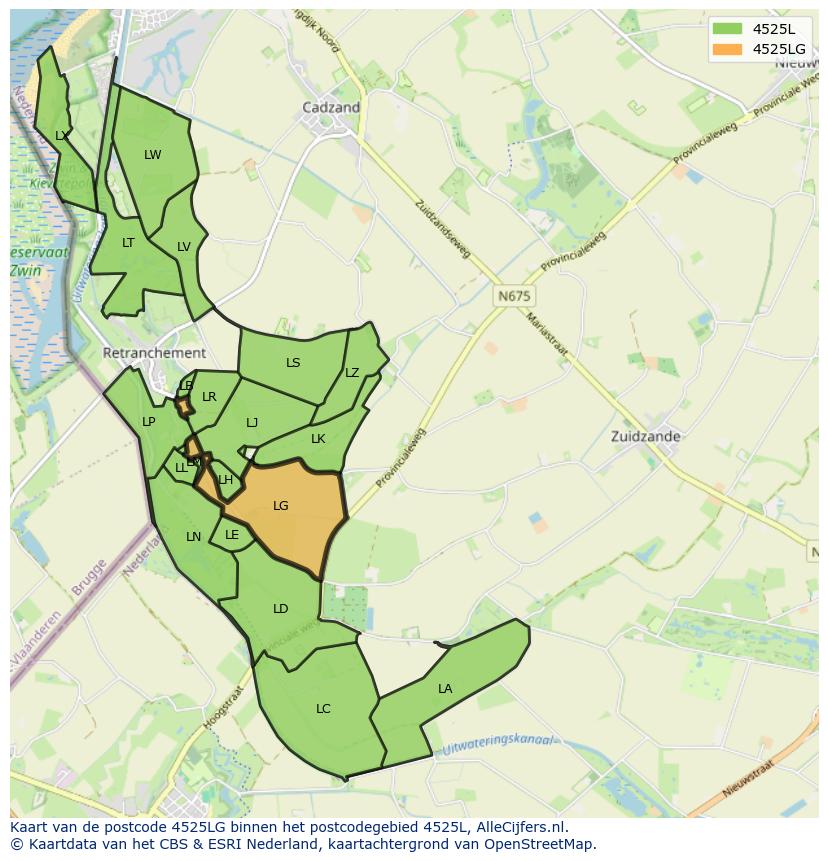 Afbeelding van het postcodegebied 4525 LG op de kaart.