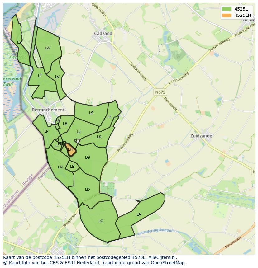 Afbeelding van het postcodegebied 4525 LH op de kaart.