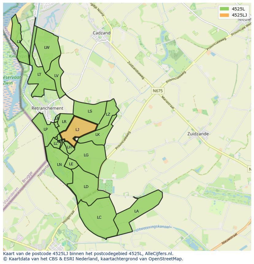 Afbeelding van het postcodegebied 4525 LJ op de kaart.