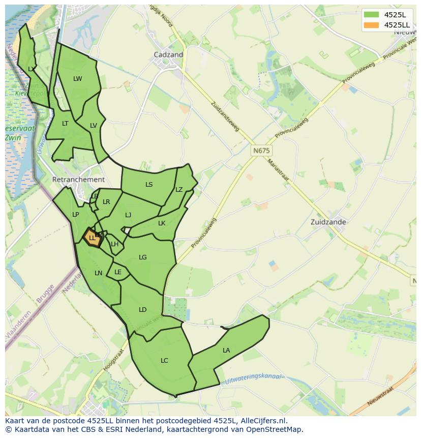 Afbeelding van het postcodegebied 4525 LL op de kaart.