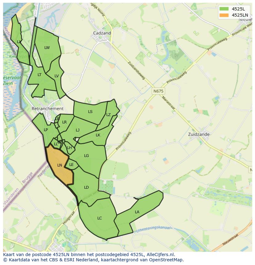 Afbeelding van het postcodegebied 4525 LN op de kaart.