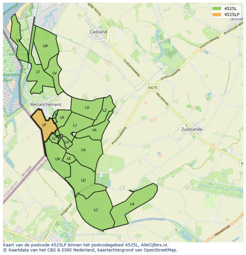 Afbeelding van het postcodegebied 4525 LP op de kaart.