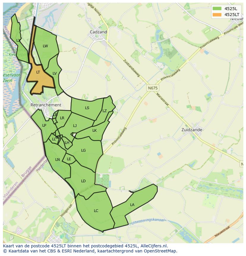Afbeelding van het postcodegebied 4525 LT op de kaart.