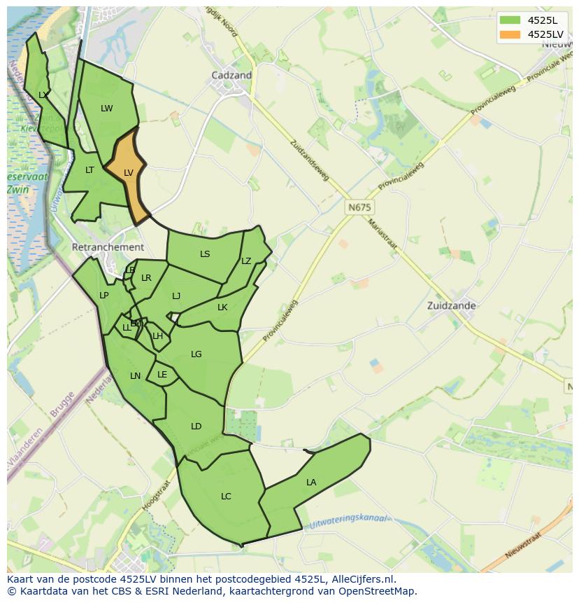 Afbeelding van het postcodegebied 4525 LV op de kaart.