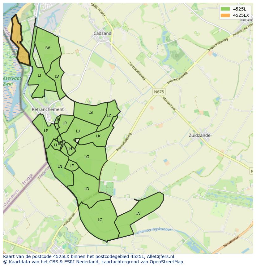 Afbeelding van het postcodegebied 4525 LX op de kaart.