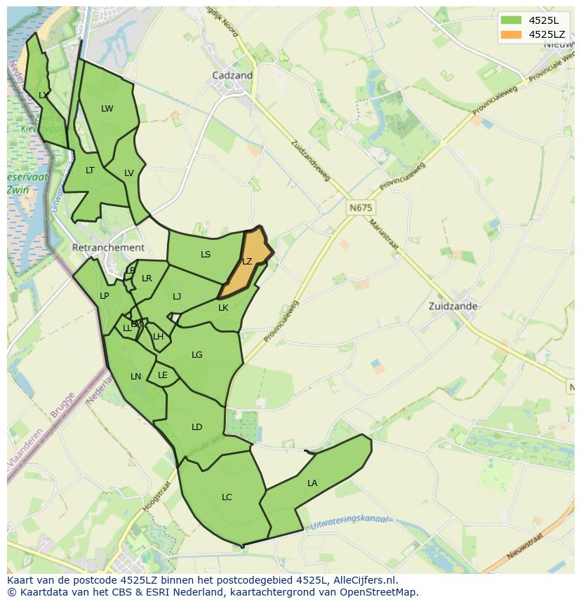 Afbeelding van het postcodegebied 4525 LZ op de kaart.