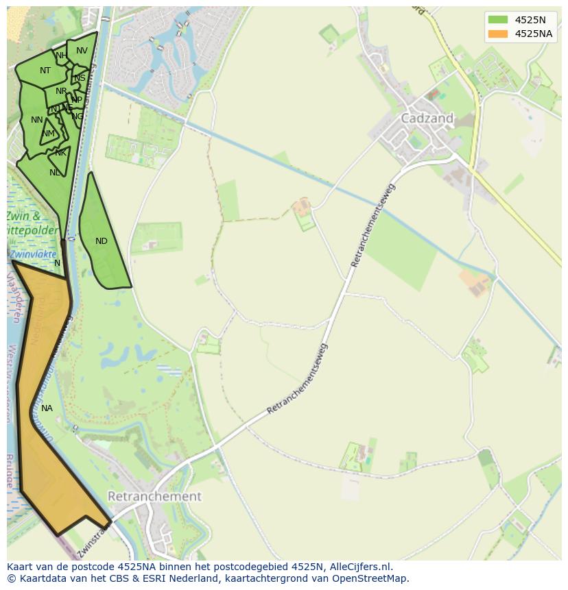Afbeelding van het postcodegebied 4525 NA op de kaart.