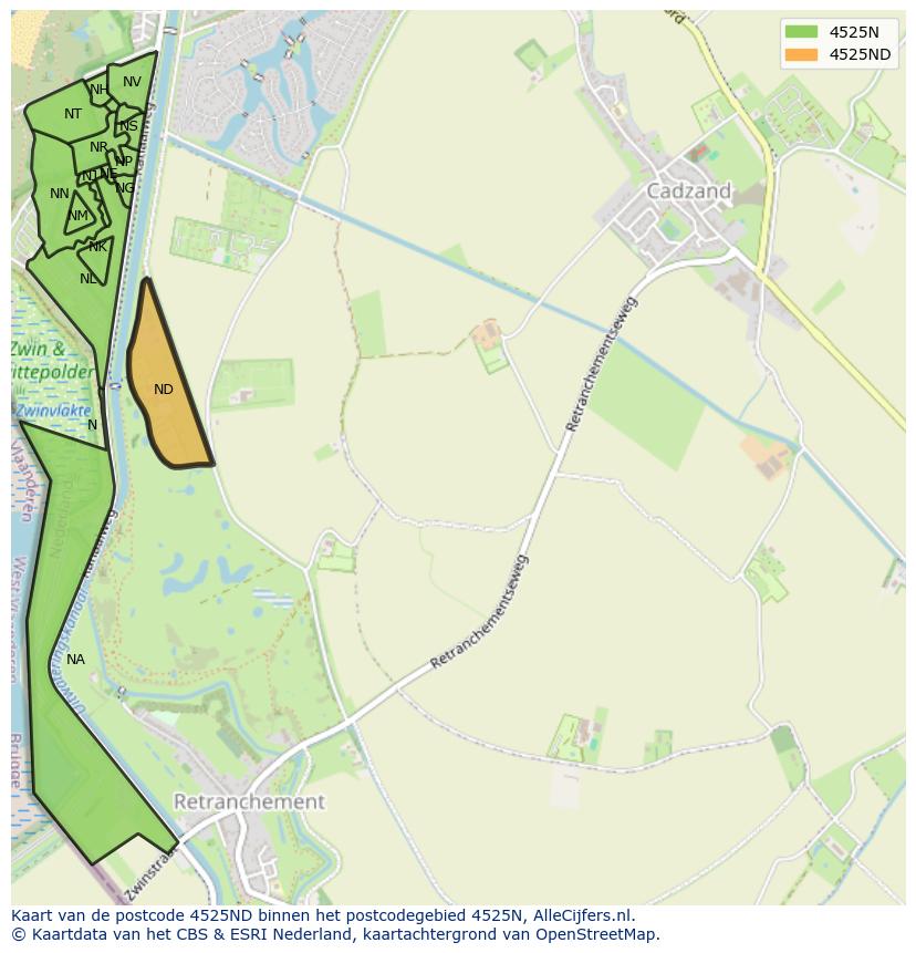 Afbeelding van het postcodegebied 4525 ND op de kaart.