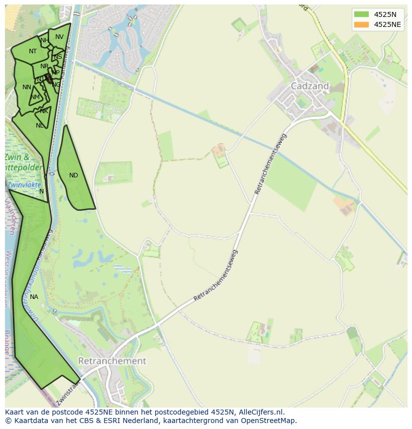 Afbeelding van het postcodegebied 4525 NE op de kaart.