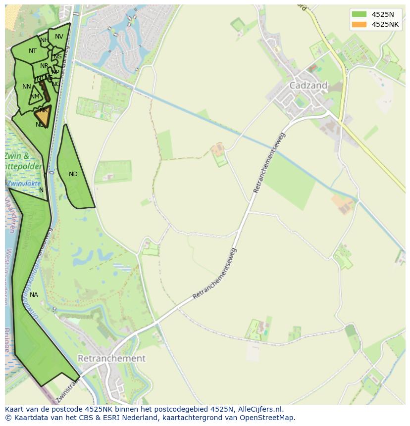 Afbeelding van het postcodegebied 4525 NK op de kaart.